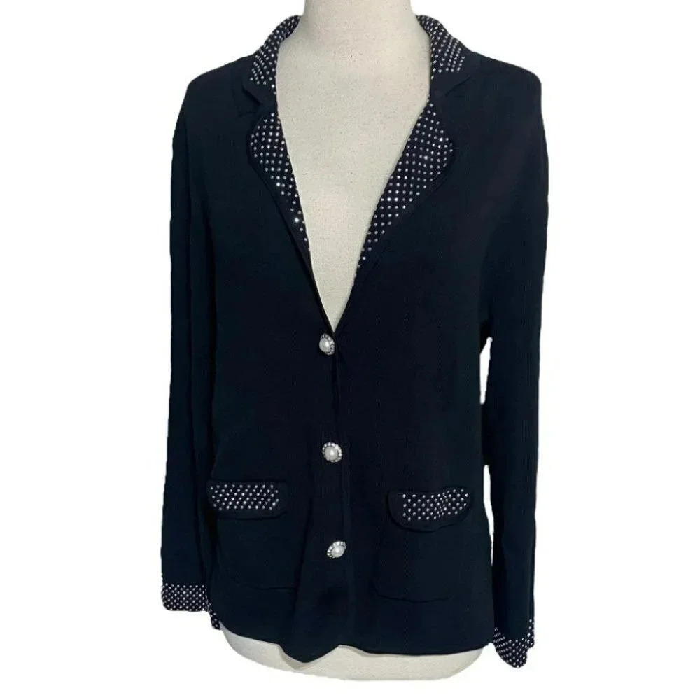 Vertigo Paris Cardigan XL Black Studded Polka Dot Trim Pearl Button Blazer Style